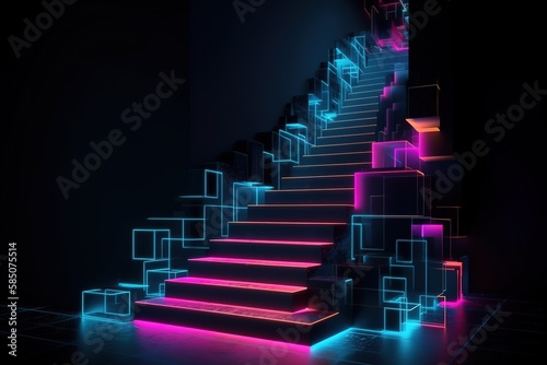 3d render, abstract neon background, pink blue glowing light, staircase in dark room