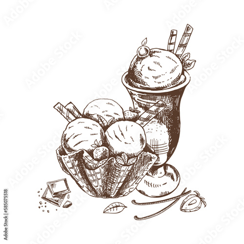 A hand-drawn sketch of  ice cream balls in a waffle basket and ice cream in a cup. Vintage illustration. Element for the design of labels, packaging and postcards.