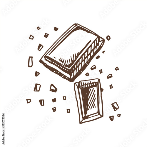 A hand-drawn sketch of pieces of chocolate bars. Vintage illustration. Element for the design of labels, packaging and postcards.
