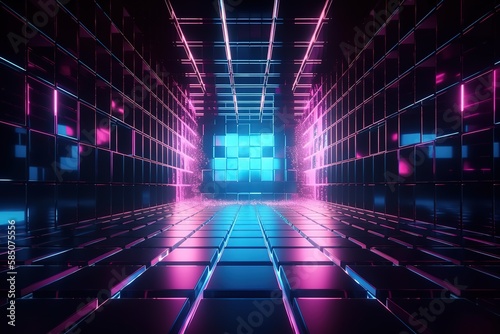 3d render, abstract neon geometric background, pink blue violet light glowing dots and reflection on the floor