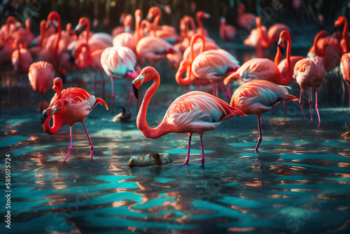 The bright pink flamingos of Mexico's Yucatan Peninsula create a playful and colorful summer travel background, with hundreds of vibrant birds gathered in shallow lagoons © Nilima