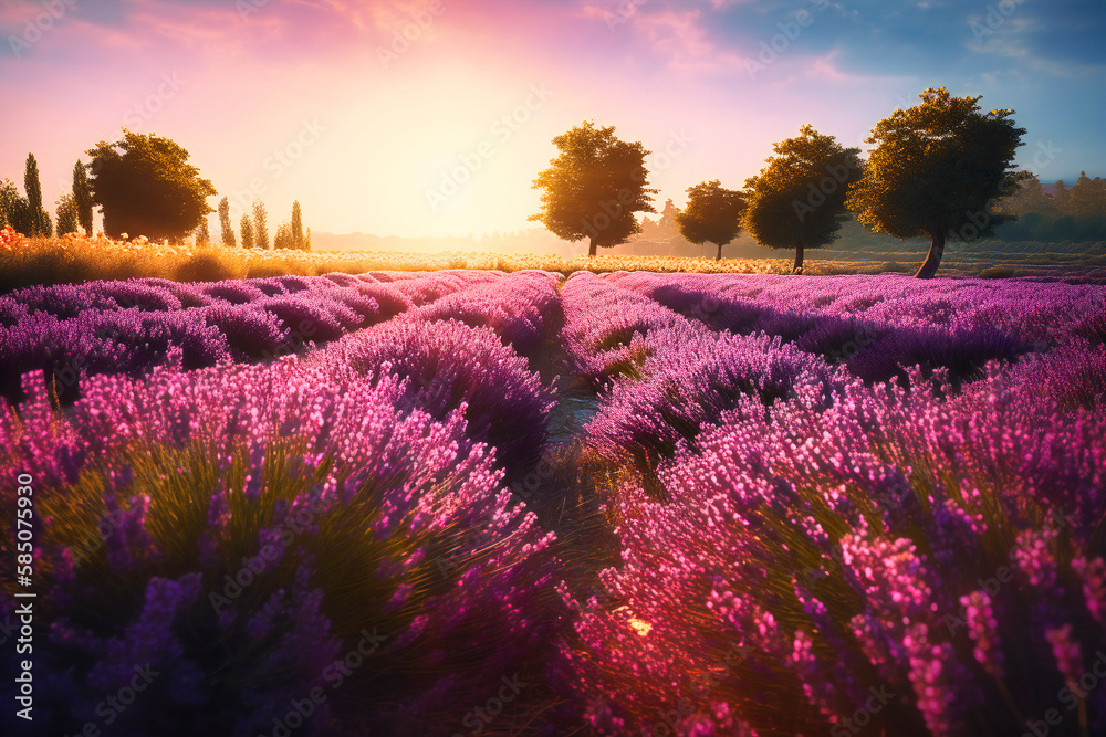 Obraz premium The vibrant fields of lavender in the French region of Provence create a fragrant and colorful summer travel background, with rows of deep purple flowers stretching towards the sun