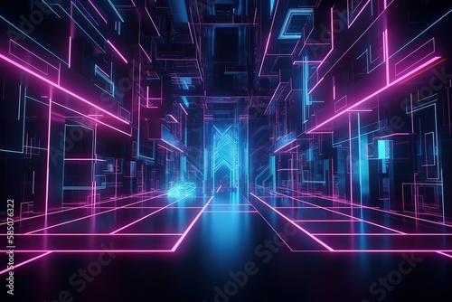 3d render, pink blue neon abstract background, glowing panels in ultraviolet light, futuristic power generating technology