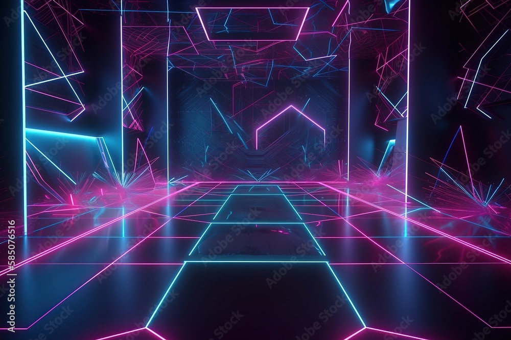 3d render, pink blue neon abstract background with glowing lines, polygonal shapes, ultraviolet light, laser show performance stage with floor reflection 3d render, pink blue neon abstract background with glowing lines, polygonal shapes, ultraviolet light, laser show performance stage with floor reflection