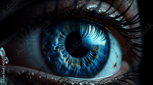 Beautiful female blue eye. Macro shooting. Generative AI © Alex