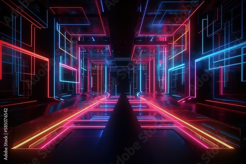 3d render, pink red blue neon light, abstract background with glowing lines, cyber space in virtual reality, night club room interior, fashion podium or stage, empty corridor in ultraviolet spectrum © Parvez