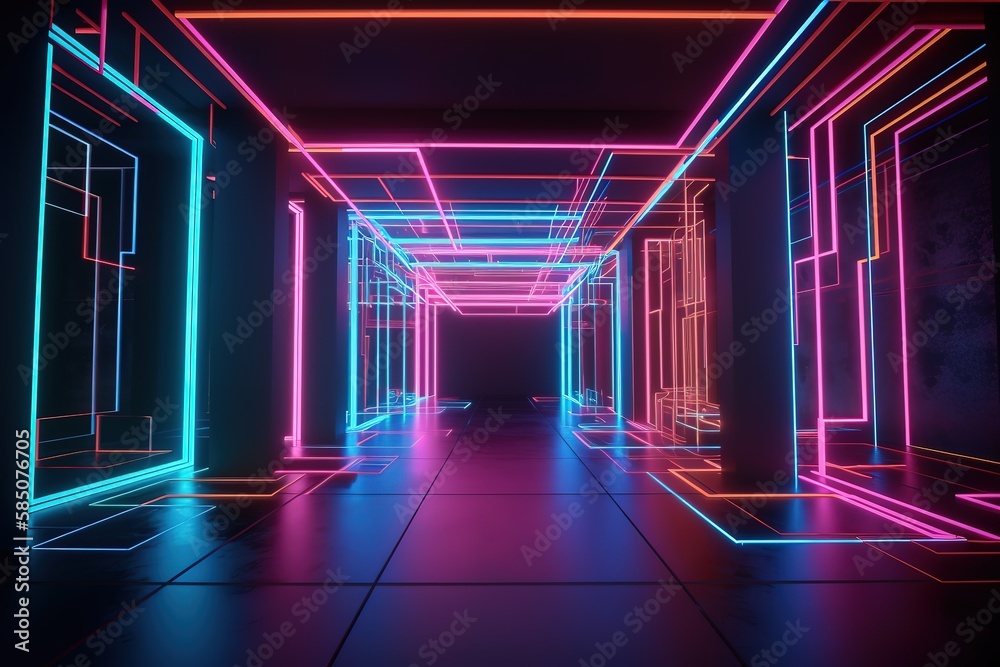 3d render, ultraviolet spectrum, neon lights, laser show, glowing lines, virtual reality, abstract fluorescent background, optical illusion, cubic room, corridor, night club interior