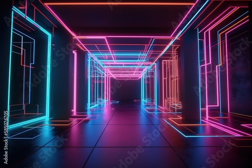 3d render  ultraviolet spectrum  neon lights  laser show  glowing lines  virtual reality  abstract fluorescent background  optical illusion  cubic room  corridor  night club interior