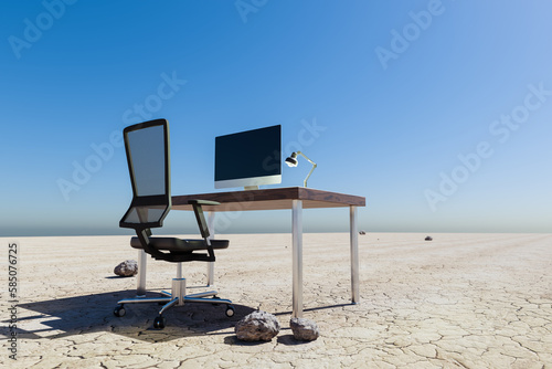 lonely pc workplace in large desert environment; remote work and digital nomad and climate crisis concept; 3D illustration