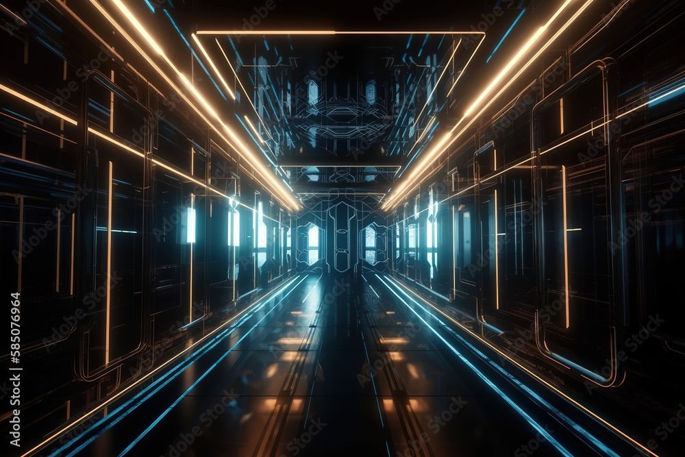 Abstract light tunnel, corridor with neon light. Hi - tech sci - fi passageway. Metallic light reflection