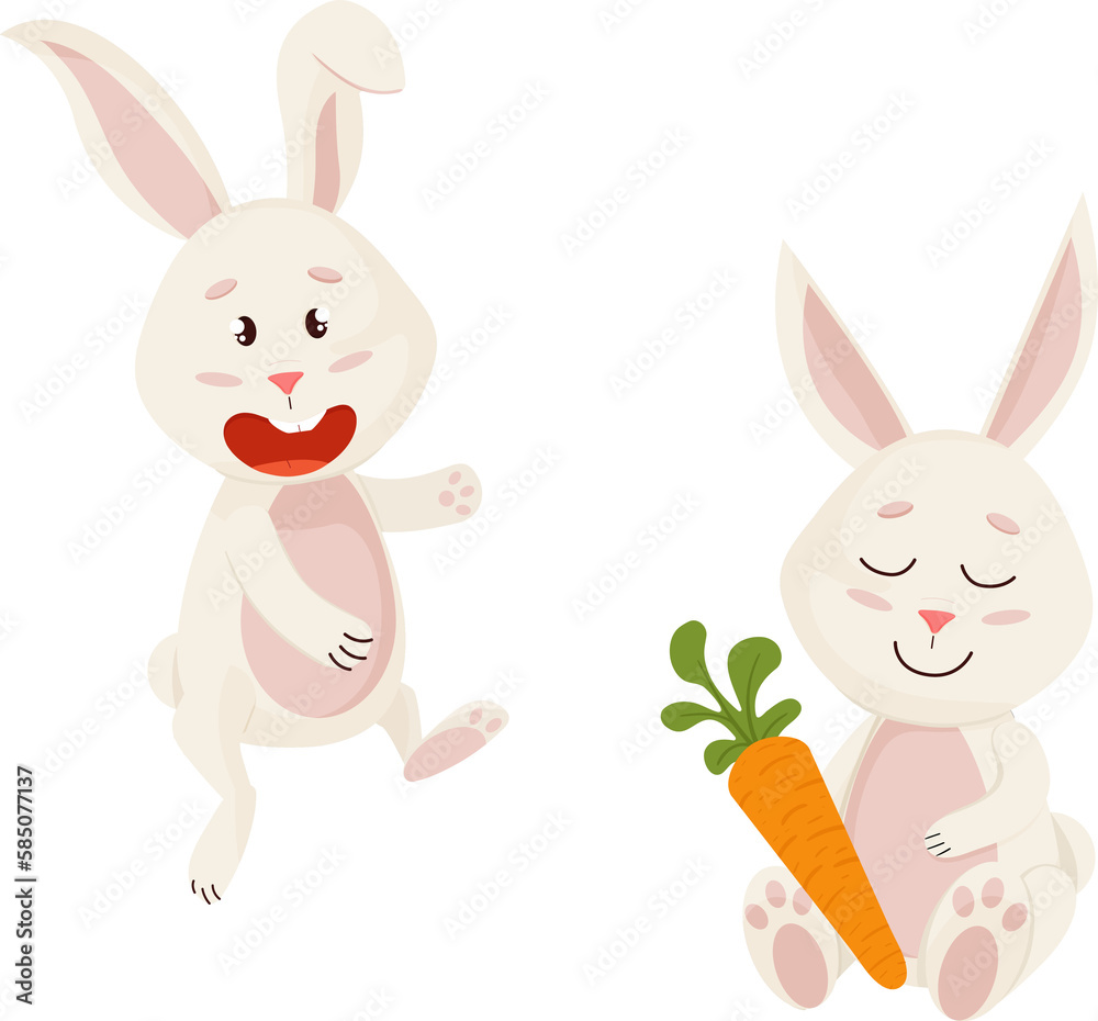 Fototapeta premium Bunnies Character with Carrot. Funny, Happy Easter Rabbits.PNG