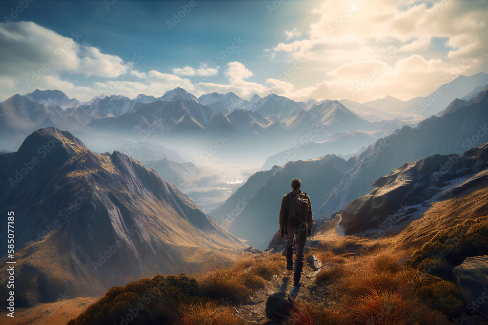 Obraz premium A hiker taking in the view of a mountain range on a sunny day