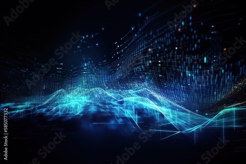 Technology background with abstract digital code motion cyberspace. Abstract high - tech blue neon background for communication concept with digital flow in a cyber space matrix.