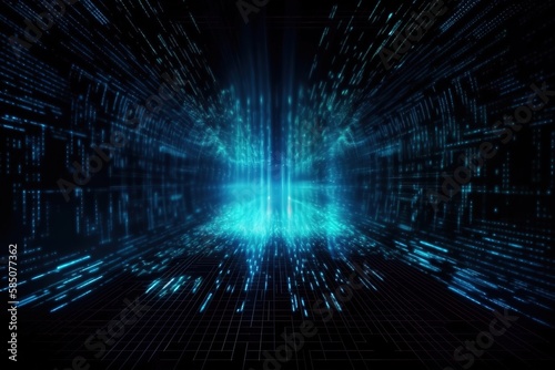 Technology background with abstract digital code motion cyberspace. Abstract high - tech blue neon background for communication concept with digital flow in a cyber space matrix.