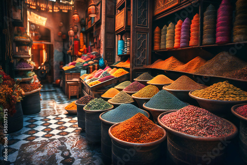 Fototapeta Naklejka Na Ścianę i Meble -  The colorful and exotic markets of Marrakech in Morocco offer a vibrant and unique summer travel background, with bright spices, handmade textiles, and traditional crafts