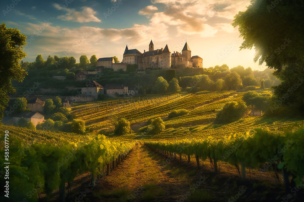 Naklejka premium The sprawling vineyards and chateaus of the Bordeaux wine region in France create a picturesque and romantic summer travel background, with rolling hills and charming villages