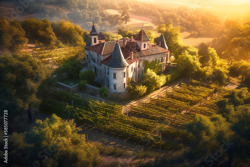 The sprawling vineyards and chateaus of the Bordeaux wine region in France create a picturesque and romantic summer travel background, with rolling hills and charming villages