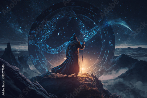 Sorcerer using an astrolabe to gain forbidden knowledge, standing on a mountain top, starry night, mild wind, magical effects, cinematic lighting, cinematic composition, Generative AI photo