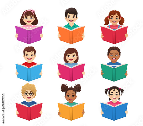 Smiling cute kids boys and girls avatars set holding books isolated vector illustration. Multiethnic happy children reading.