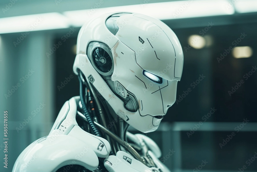 white futuristic robot cyborg in a future hospital, created with generative ai white futuristic robot cyborg in a future hospital, created with generative ai