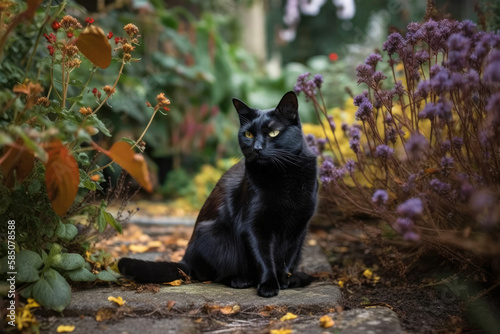 such as layering and blending, to create depth and dimension in the composition, giving the impression of a lush and abundant garden where the black cat reigns supreme. Generative Ai