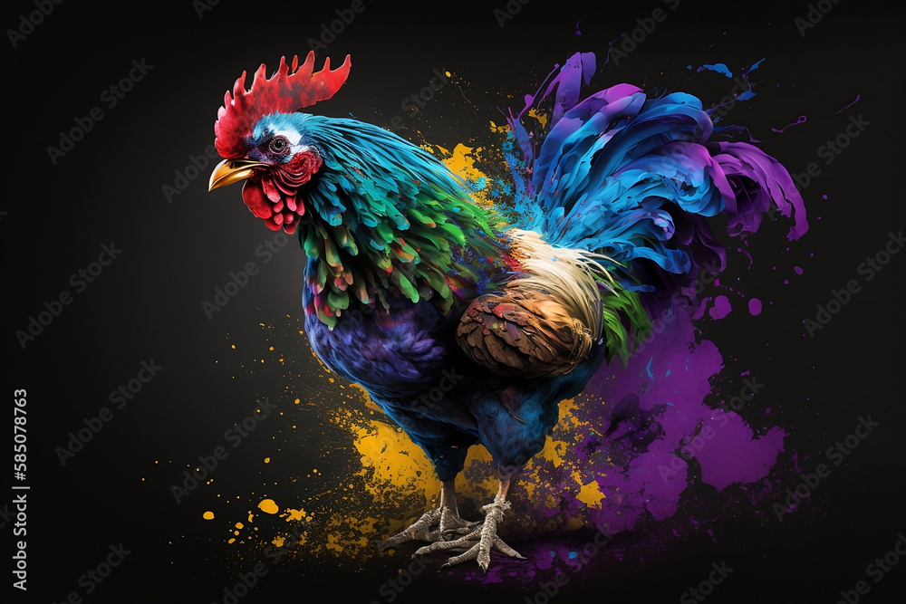 Rooster surrounded by a vivid color bomb explosion background, ultra-realistic rendering, ideal for colorful wall art, home décor, and gifts for animal lovers. Generative AI
