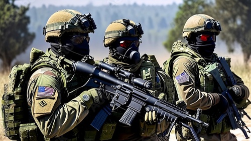 Soldiers, Army, Shooter team with guns wearing mask in the battlefield