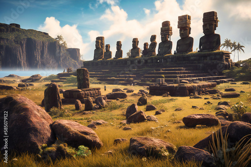 The ancient and mysterious stone structures of Easter Island provide a unique and historic summer travel background, with towering statues and a rich cultural history photo