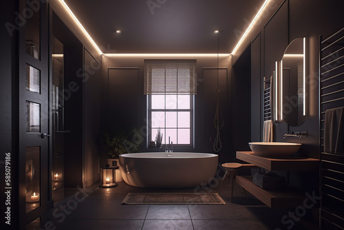 Gorgeous bathroom with bathtub  cabinet  large windows  plant  and artificial light. Luxury bathroom. Relaxing room. Bright bathroom. Opulent. Bathroom mirror. Spacious bath  generative AI tools.