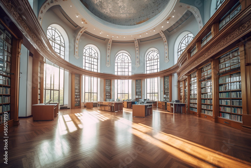 Large bright library with panoramic windows. AI Generated