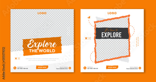 Creative Travel social media post design, holiday vacation square post template, hotel online post vector, happy journey carousel