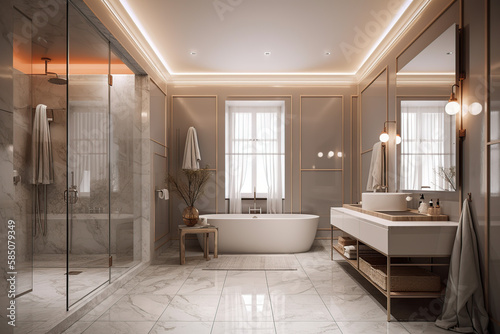 Gorgeous bathroom with bathtub  cabinet  large windows  plant  and artificial light. Luxury bathroom. Relaxing room. Bright bathroom. Opulent. Bathroom mirror. Spacious bath  generative AI tools.