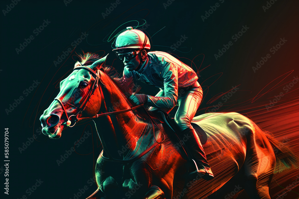 Abstract racing horse with jockey from splash of watercolors. Equestrian sport. Digital Illustration. Generative AI. Abstract racing horse with jockey from splash of watercolors. Equestrian sport. Digital Illustration. Generative AI.