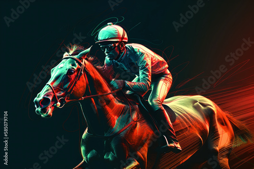 Abstract racing horse with jockey from splash of watercolors. Equestrian sport. Digital Illustration. Generative AI. photo