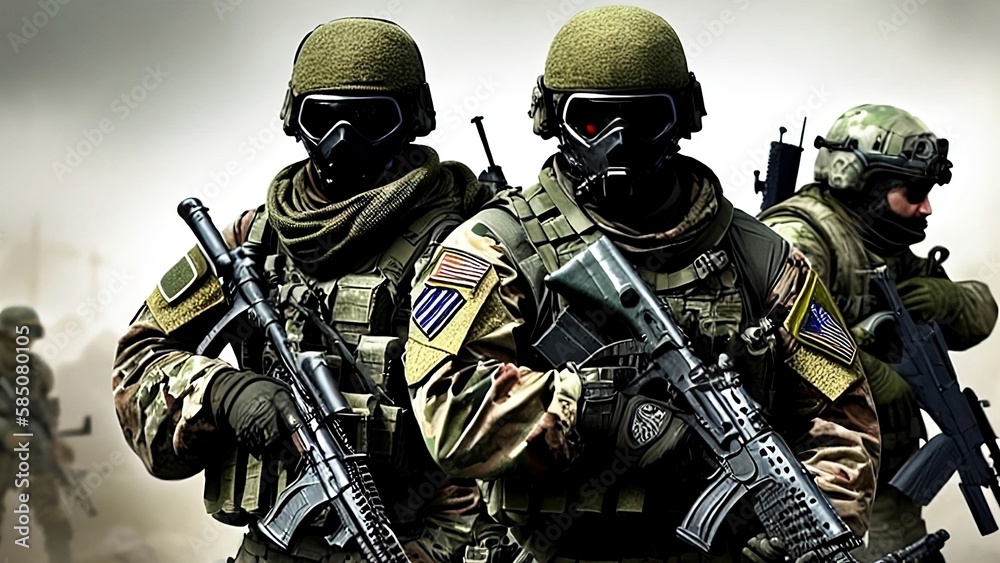 Elite Special Forces Military unit holding rifles, For Tactical Gear, Ready for battle, wartime, Battlefield Illustration Elite Special Forces Military unit holding rifles, For Tactical Gear, Ready for battle, wartime, Battlefield Illustration
