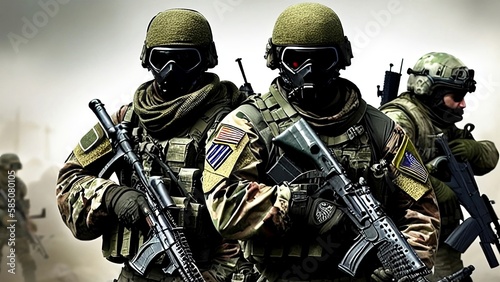 Elite Special Forces Military unit holding rifles, For Tactical Gear, Ready for battle, wartime, Battlefield Illustration