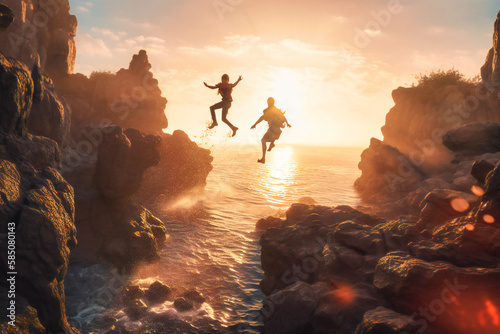 Buddies leaping off rocks and laughing in the sun