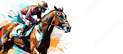 Abstract racing horse with jockey from splash of watercolors on white background. Illustration of paints. Generative AI. photo