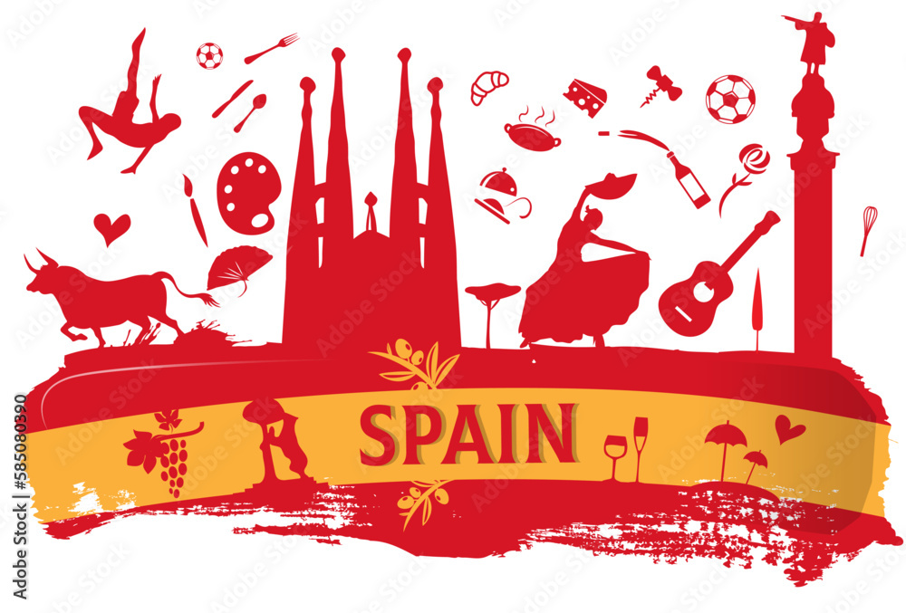 spain travel banner with icon and monuments on flag - obrazy, fototapety, plakaty 