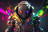 robot in a scratchy hoody surrounded by a vivid color bomb explosion background, ultra-realistic rendering, ideal for colorful wall art, home décor, and gifts for animal lovers. Generative AI
