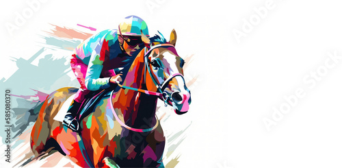 Abstract racing horse with jockey from splash of watercolors on white background. Illustration of paints. Generative AI.