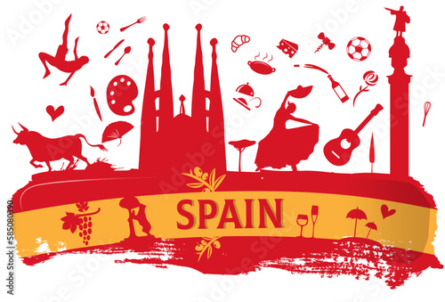 spain travel banner with icon and monuments on flag