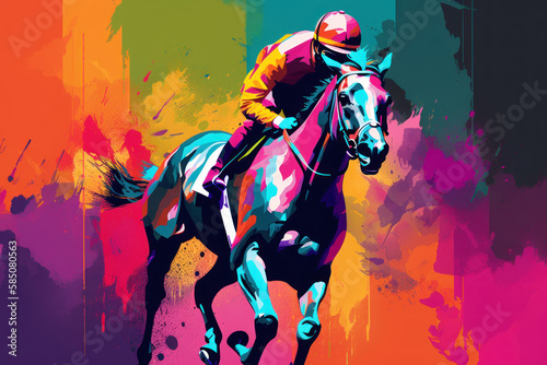 Abstract racing horse with jockey from splash of watercolors. Equestrian sport. Illustration of paints. Generative AI. photo