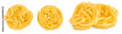 Raw tagliatelle pasta isolated on white background with full depth of field. Top view. Flat lay