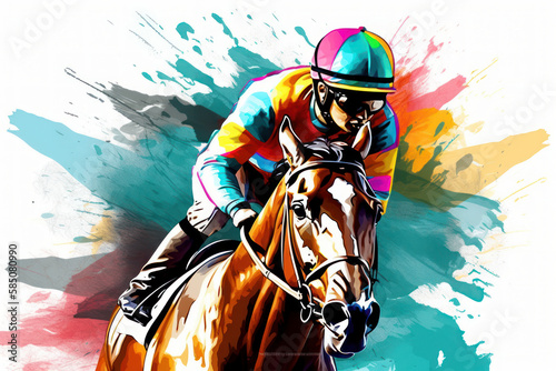 Abstract racing horse with jockey from splash of watercolors on white background. Illustration of paints. Generative AI. photo