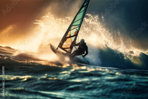 A windsurfer catching a gust of wind on a windy day on the ocean