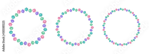 Round colorful pastel animal paw print frame template set. Cute dog paw prints border. Vector illustration
