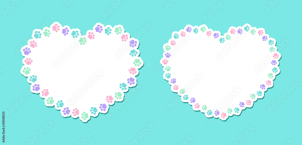 Heart shaped colorful pastel animal paw print frame with copy space set. Cute Valentines Day, animal lover dog paw prints border. Vector illustration Heart shaped colorful pastel animal paw print frame with copy space set. Cute Valentines Day, animal lover dog paw prints border. Vector illustration