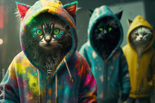 Colorful cats in a scratchy hoody surrounded by a vivid color bomb explosion background, ultra-realistic rendering, ideal for colorful wall art, home décor, and gifts for animal lovers. Generative AI