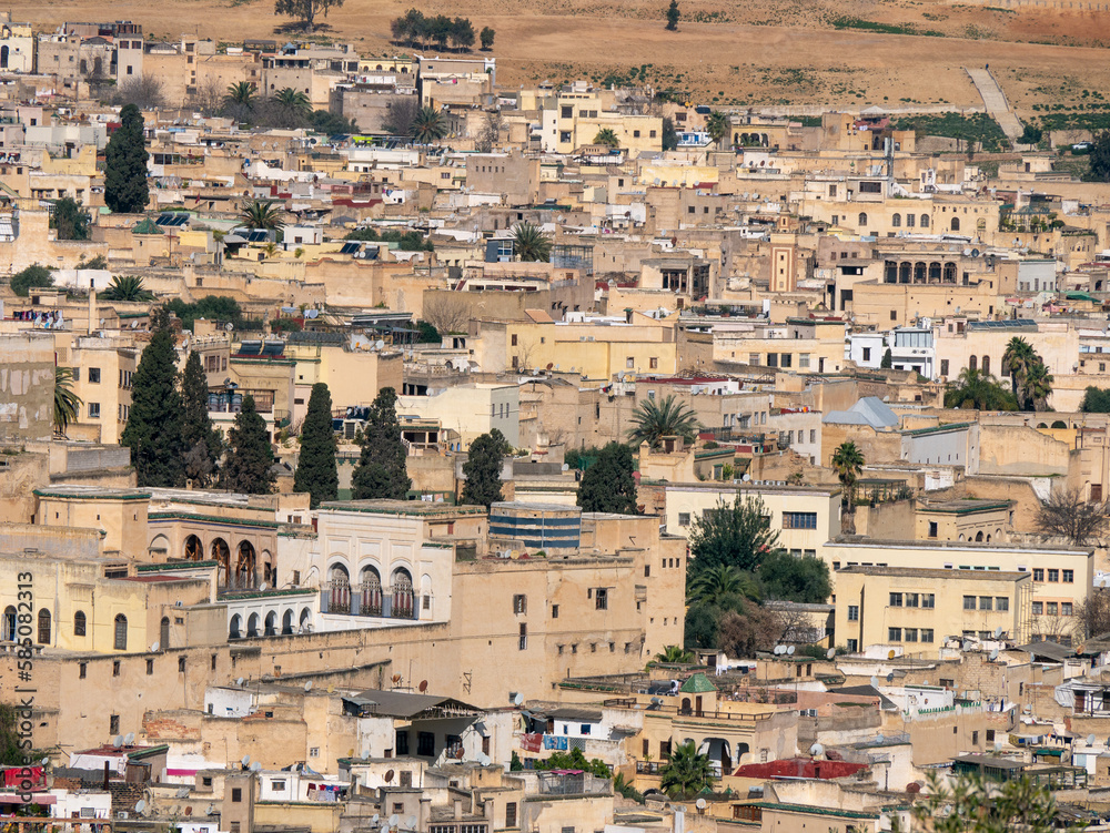 Views of the Old Medina of Fez and its dense city scape seen from a nearby elevated view point on a sunny morning - Close-up Shot